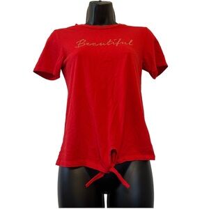 Honey Collection Beautiful Graphic Red Short Sleeve Front Tie T-Shirt